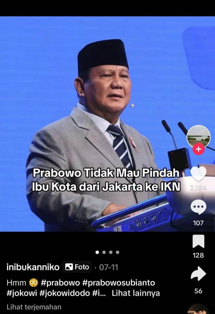 Unggahan foto Prabowo dengan tulisan narasi tak mau pindah ke IKN (Tiktok/inibukanniko)