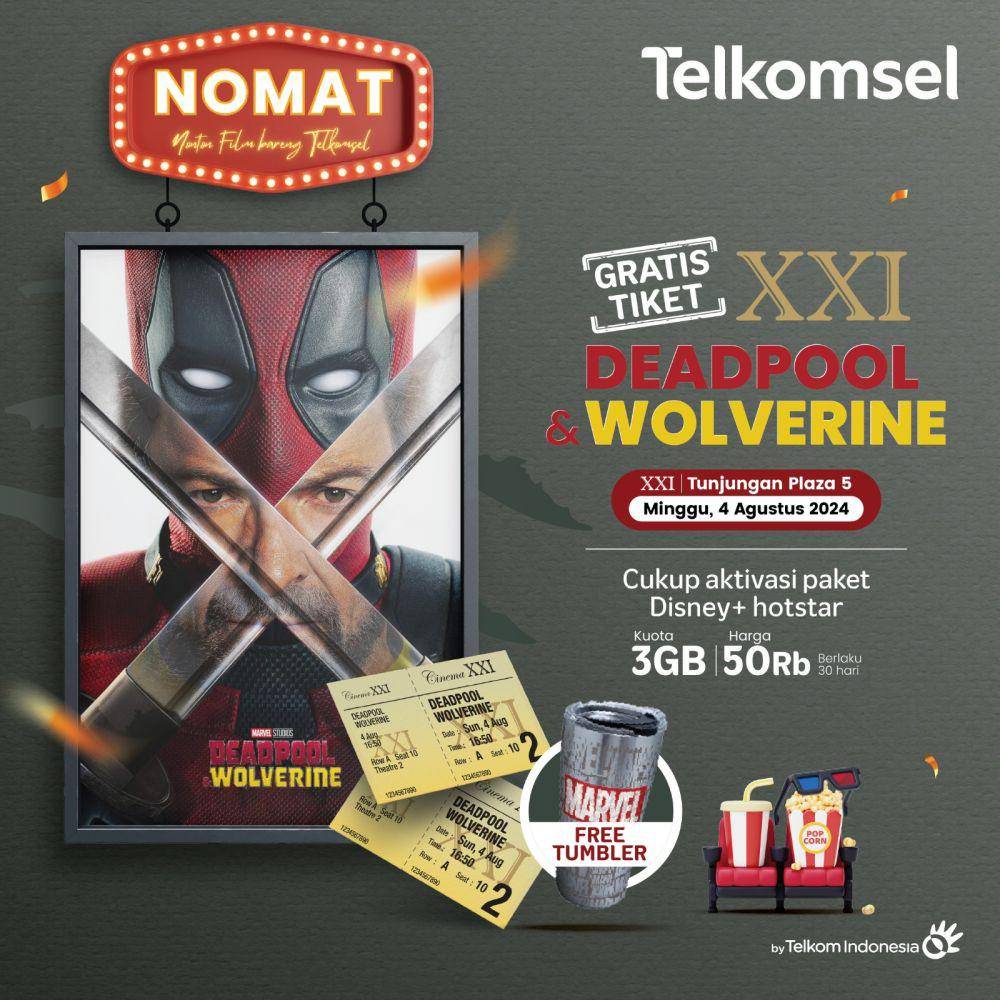 Promo 2 Tiket Gratis Deadpool & Wolverine + Tumbler di Tunjungan Plaza 5 (telkomsel.com)