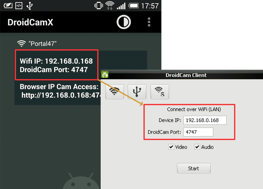 koneksi WiFi melalui DroidCam (droidcam.app)