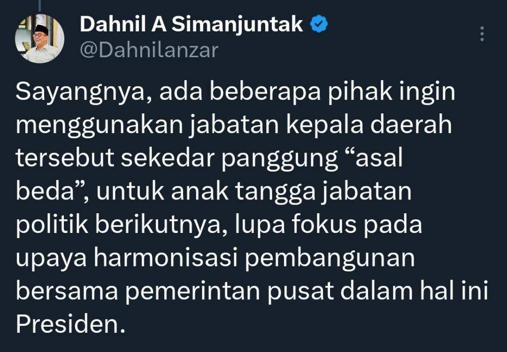 Cuitan Dahnil Anzar Simanjuntak soal sentilan kepala daerah yang bercita rasa oposisi. (Tangkapan layar X)
