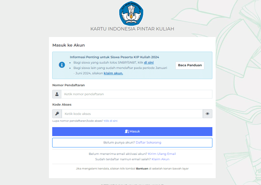 Tampilan login siswa (https://kip-kuliah.kemdikbud.go.id)