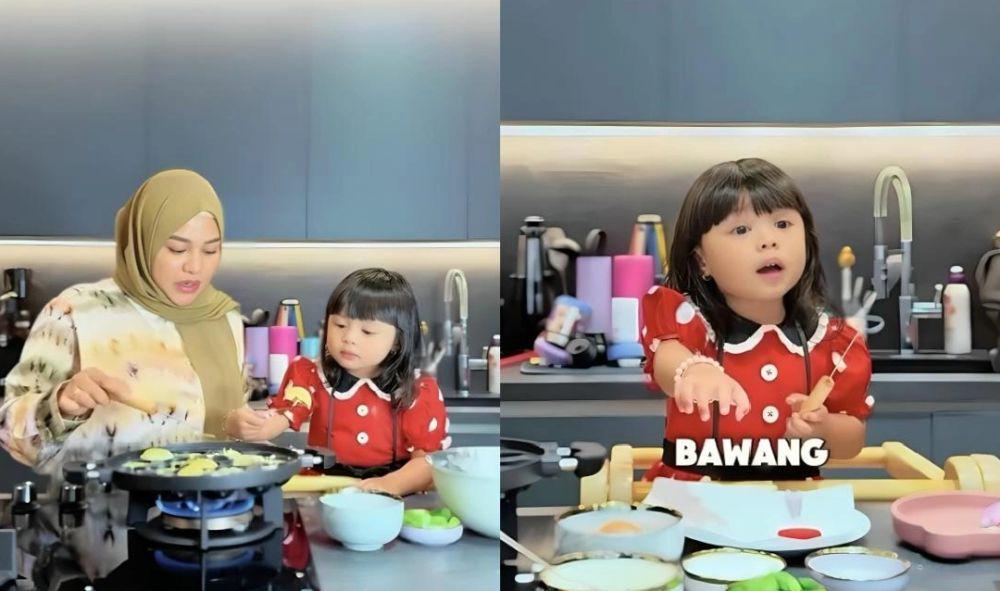 7 Potret Ameena Masak Telur Congkel Ditemani Aurel