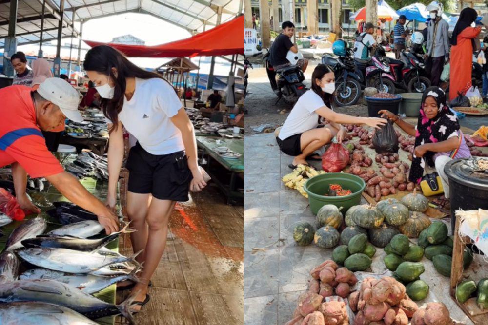 7 Potret Indah Permatasari Belanja Ikan dan Sayur di Pasar Tradisional