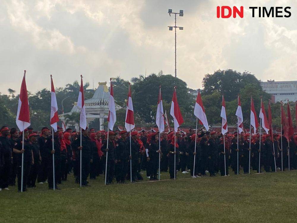 Satgas Nasional Cakra Buana saat apel persiapan Pilkada 2024, Sabtu (3/7/2024). (IDN Times/Khusnul Hasana)
