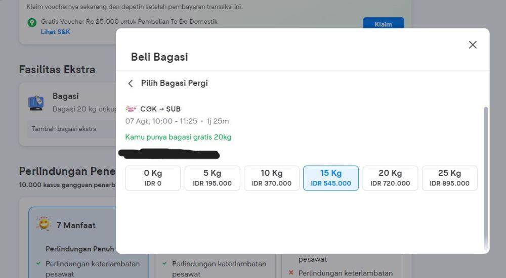 tangkapan layar beli bagasi Batik Air via Tiket.com (dok. Tiket.com)
