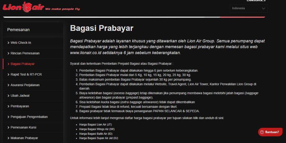 syarat dan ketentuan pembelian bagasi prabayar Lion Air Group (lionair.co.id)