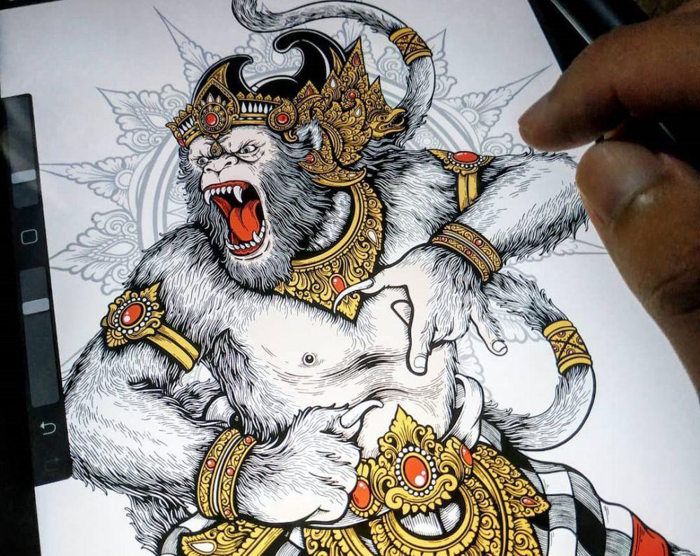 Ilustrasi tokoh Hanoman. (Instagram.com/debi__k)