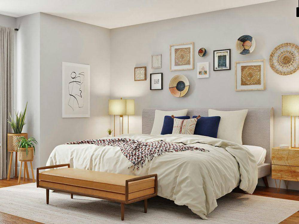 ilustrasi bedcover dan bantal berwarna putih pucat di dalam kamar tidur abu-abu (unsplash.com/Spacejoy)