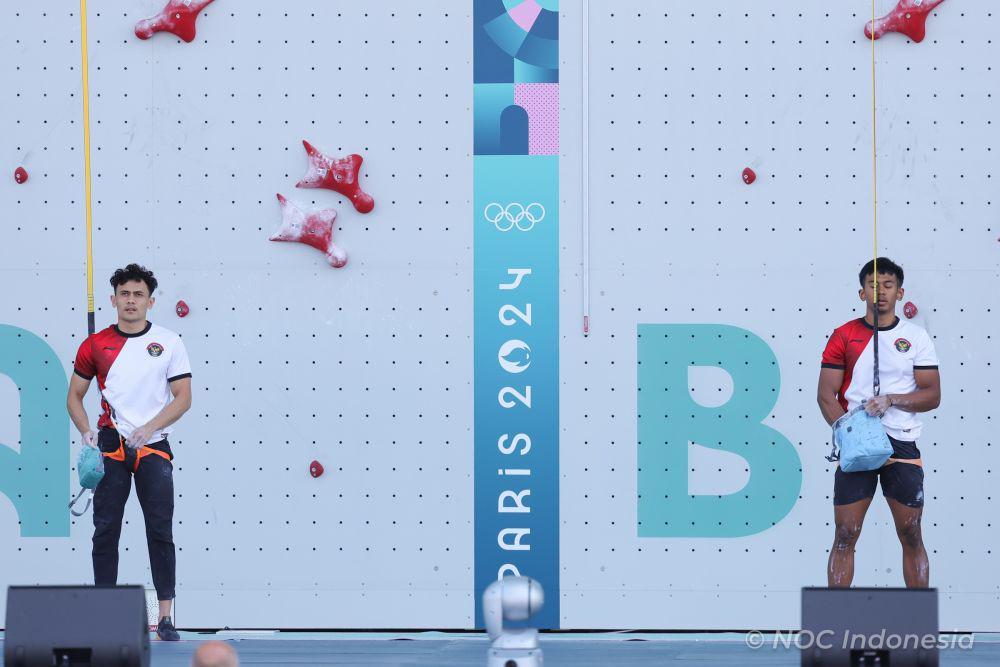 Veddriq Leonardo berduel dengan Rahmad Adi Mulyono di nomor speed putra Olimpiade 2024 Paris (dok.NOC Indonesia/Naif Muhammad Al’as/Canon Indonesia)