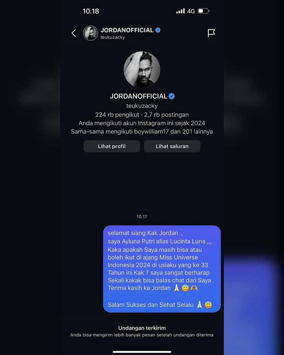 Tangkapan Layar Isi DM Lucinta Luna ke Director National Miss Universe Indonesia 2024 Teuku Jordan Zacky (Instagram.com/lucintaluna_manjalita)