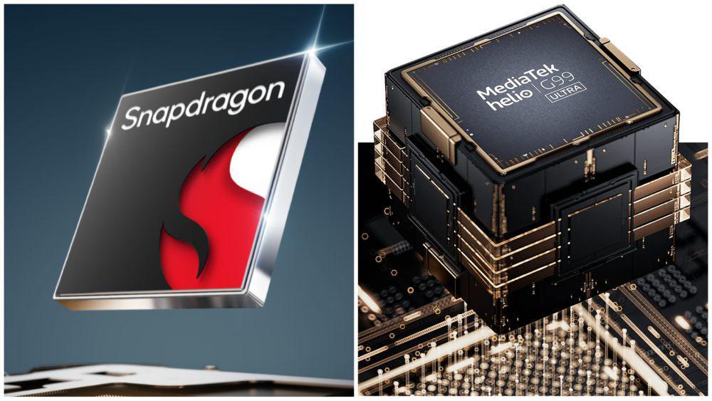 Ilustrasi prosesor Qualcomm Snapdragon 685 (realme.com) | ilustrasi prosesor MediaTek Helio G99 Ultra (mi.co.id)