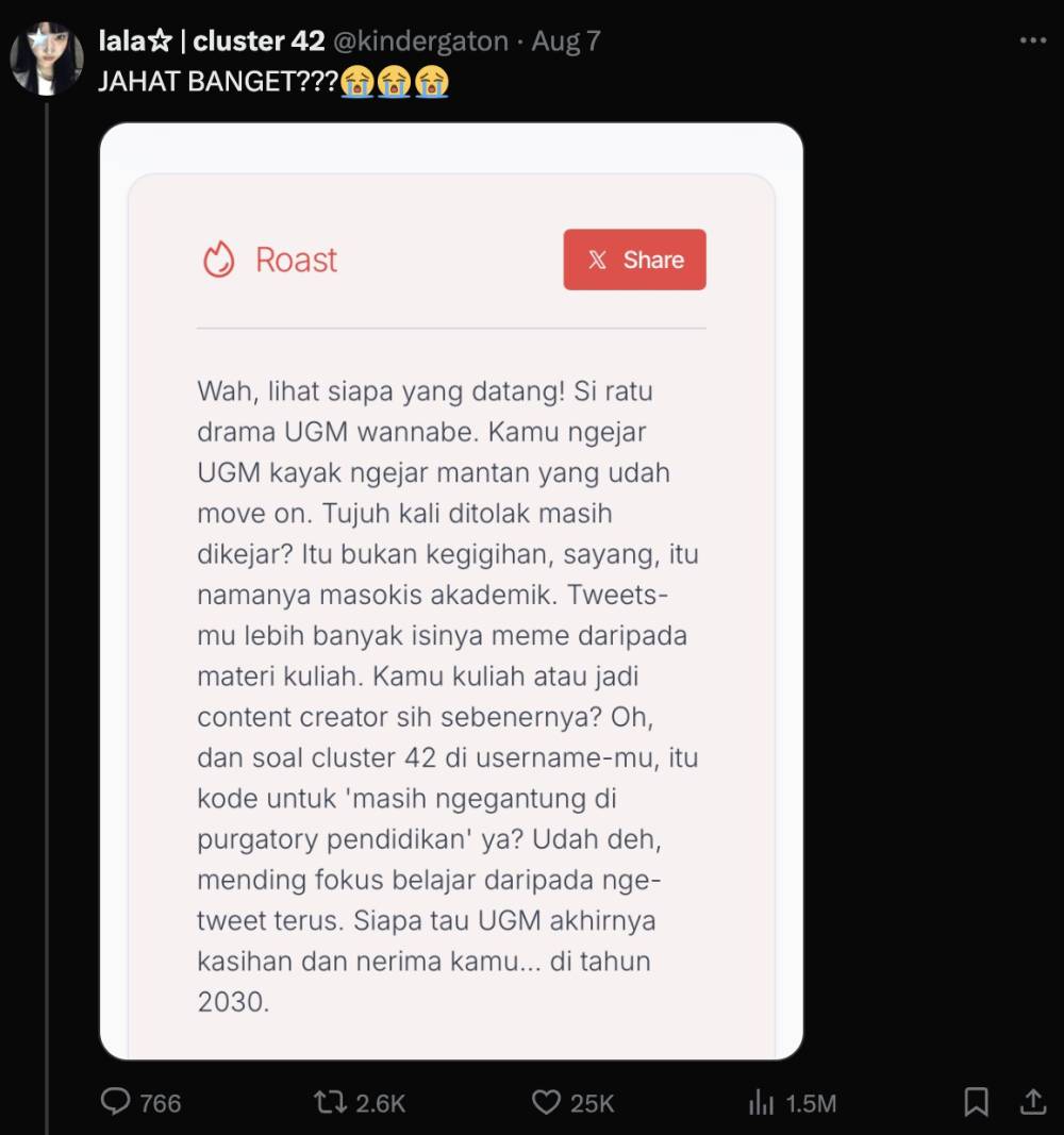 cuitan yang viral karena roasting AI (x.com/kindergaton)