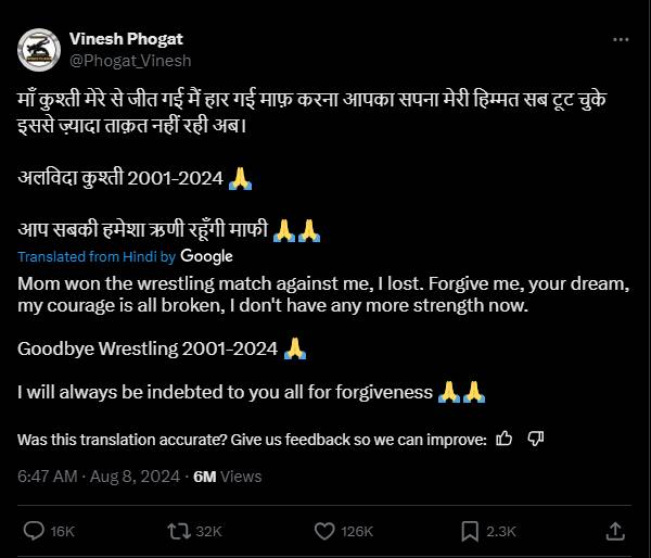 Ungkapan kesedihan Vinesh Phogat (twitter.com/Phogat_Vinesh)