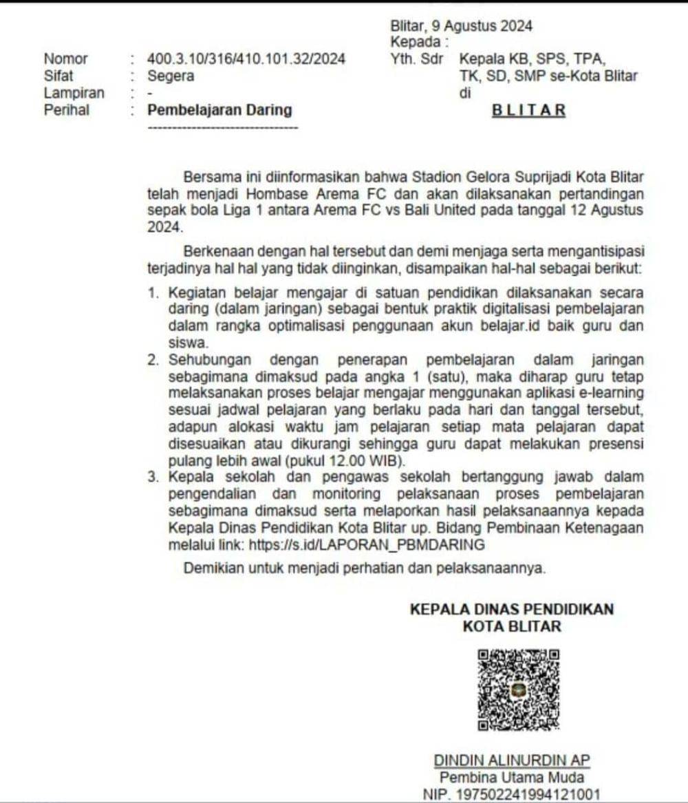Surat edaran Dinas Pendidikan Kota Blitar. IDN Times/ istimewa