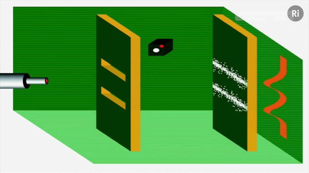 Ilustrasi eksperimen celah ganda dengan efek pengamat, di mana elektron (saat menjadi gelombang--tidak diamati) menjadi partikel ketika diamati (youtube.com/Rumah Editor)