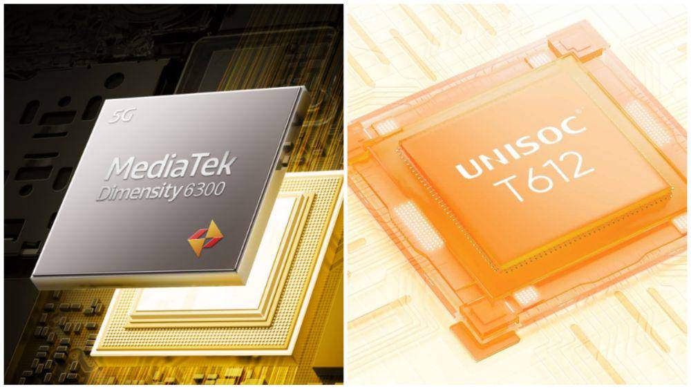 ilustrasi prosesor MediaTek Dimensity 6300 (kiri) dan Unisoc T612 (kanan) (realme.com)