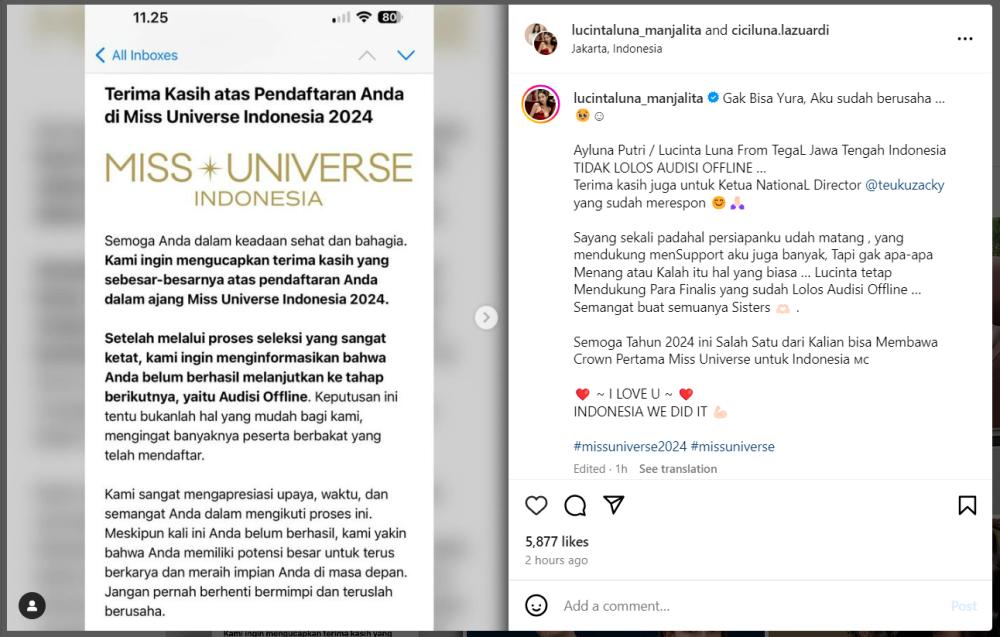 unggahan pernyataan bahwa Lucinta Luna gak lolos tahap Audisi Offline Miss Universe 2024 (instagram.com/lucintaluna_manjalita)