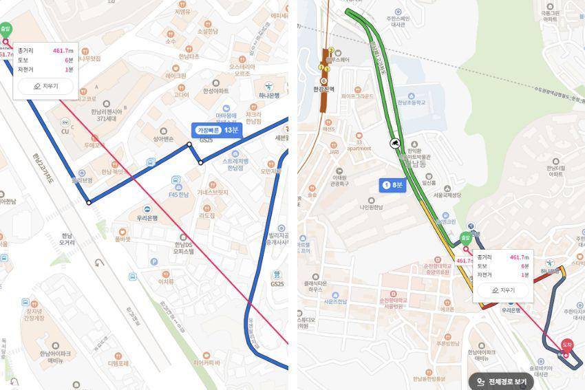 perbedaan rute jalan kaki dan dengan melewati jalanan mobil (pannchoa.com)