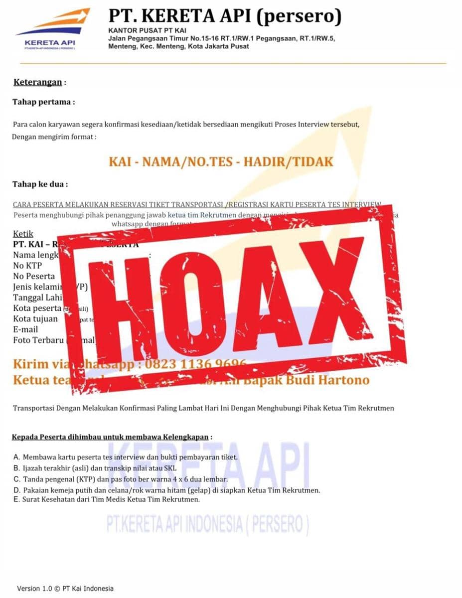 Muncul Penipuan Rekrutmen KAI, Daop 6 Imbau Masyarakat Waspada