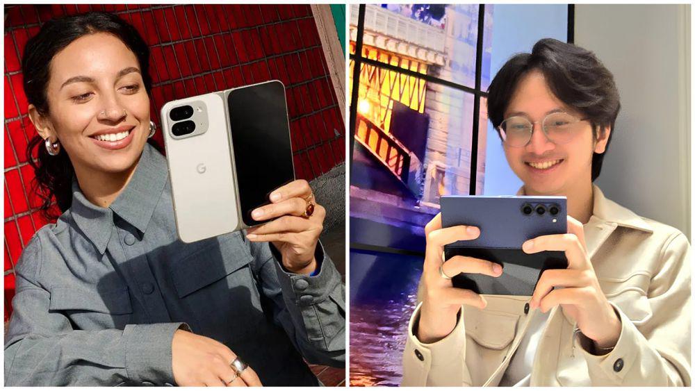 Seseorang memegang Google Pixel 9 Pro Fold. (google.com) | Seseorang memegang Samsung Galaxy Z Fold6. (news.samsung.com)