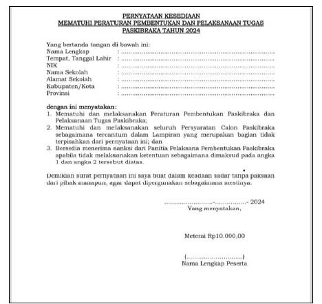 Tampilan surat bermaterai yang diteken Paskibraka oleh BPIP (Dok. Keterangan Pers BPIP)