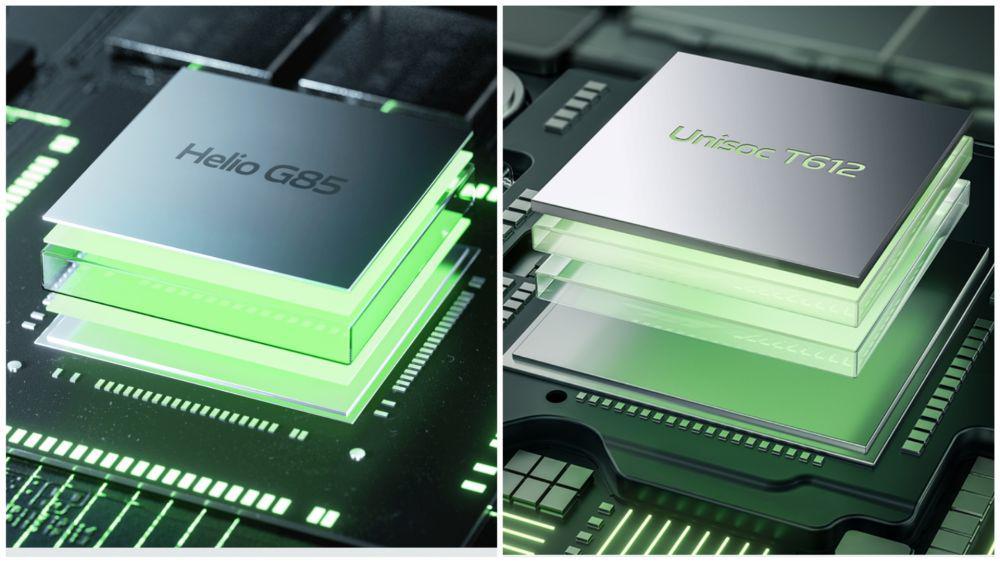 ilustrasi prosesor MediaTek Helio G85 (kiri) dan Unisoc T612 (kanan) (vivo.com)