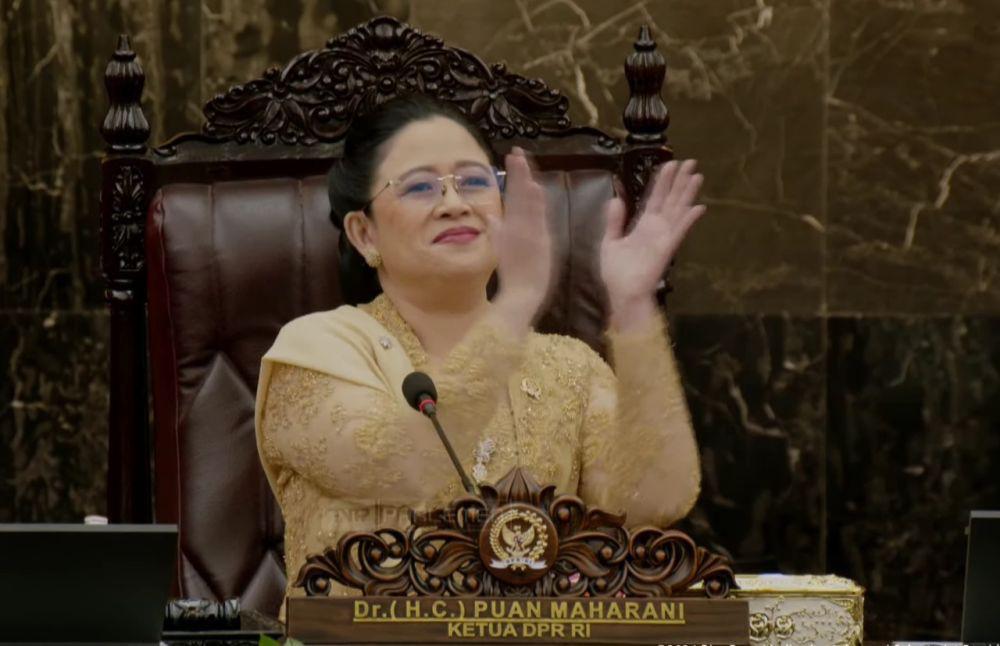 Ketua DPR RI Puan Maharani dalam Sidang Tahunan MPR RI dan Sidang Bersama DPR-DPD RI tahun 2024, pada Jumat (16/8/2024). (YouTube.com/DPR RI)