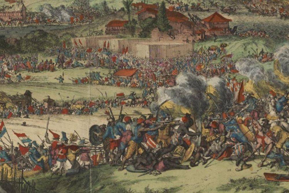 Suasana pengepungan Benteng Somba Opu yang menjadi bagian dari Perang Makassar pada tahun 1699 yang dilukis oleh Romeijn de Hooghe. (Wikimedia Commons)