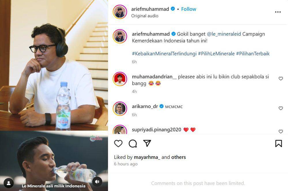 Reaksi Arief Muhammad saat melihat iklan Le Minerale (Instagram/ariefmuhammad)