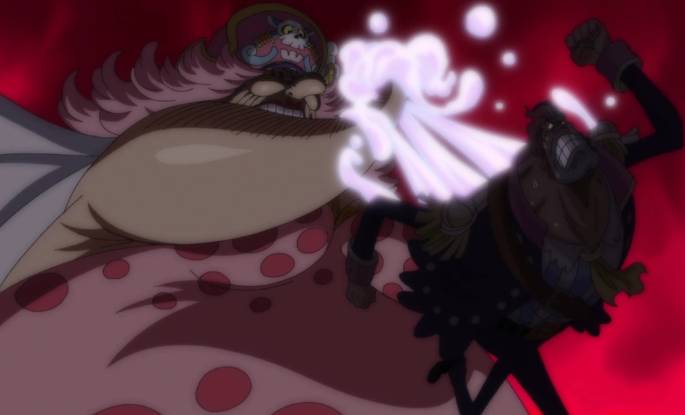 Big Mom menggunakan kekuatan Soru Soru no Mi untuk menarik jiwa seseorang. (onepiece.fandom.com)