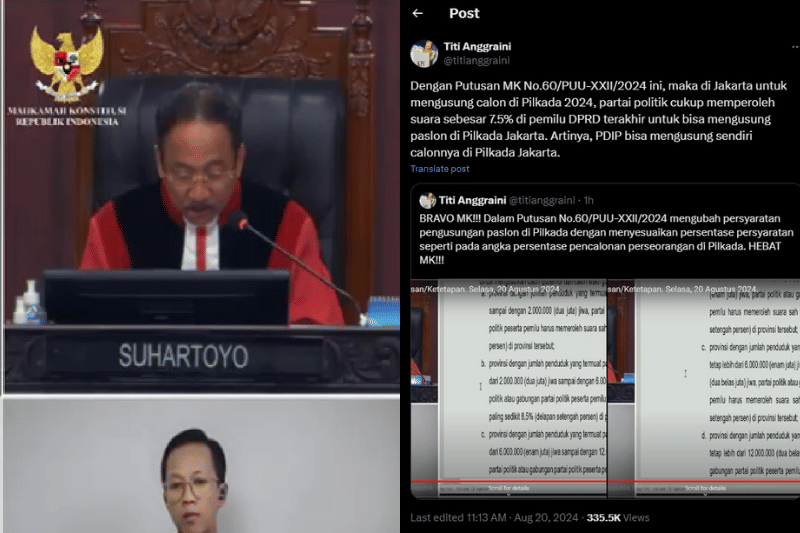 Putusan MK terkait Pilkada DKI Jakarta. (youtube.com/Mahkamah Konstitusi RI | x.com/titianggraini)