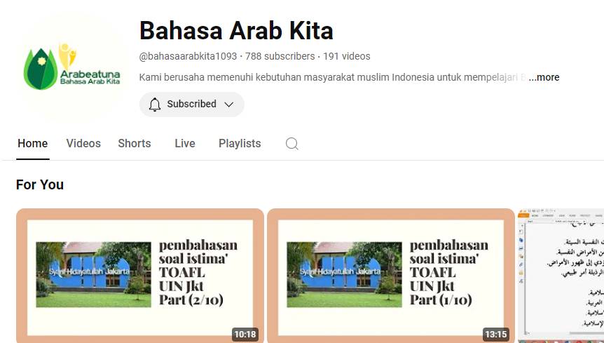 Channel Youtube Bahasa Arab Kita. (Youtube.com/@bahasaarabkita1093)