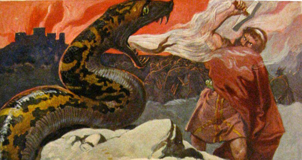 pertarungan terakhir Thor dan jormungandr (commons.wikimedia.org/Emil Doepler)