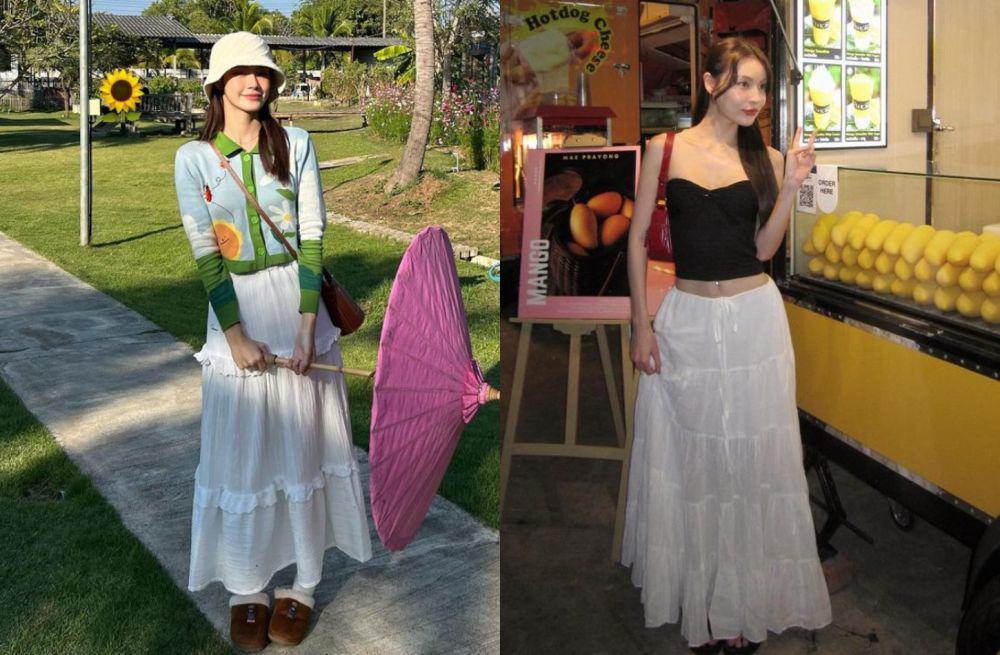9 Inspirasi OOTD Pakai Rok Panjang Putih ala Artis Thailand, Girly!