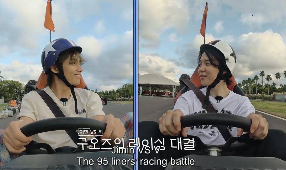 Battle go-kart antara V dan Jimin. Foto: tangkapan layar acara Are You Sure