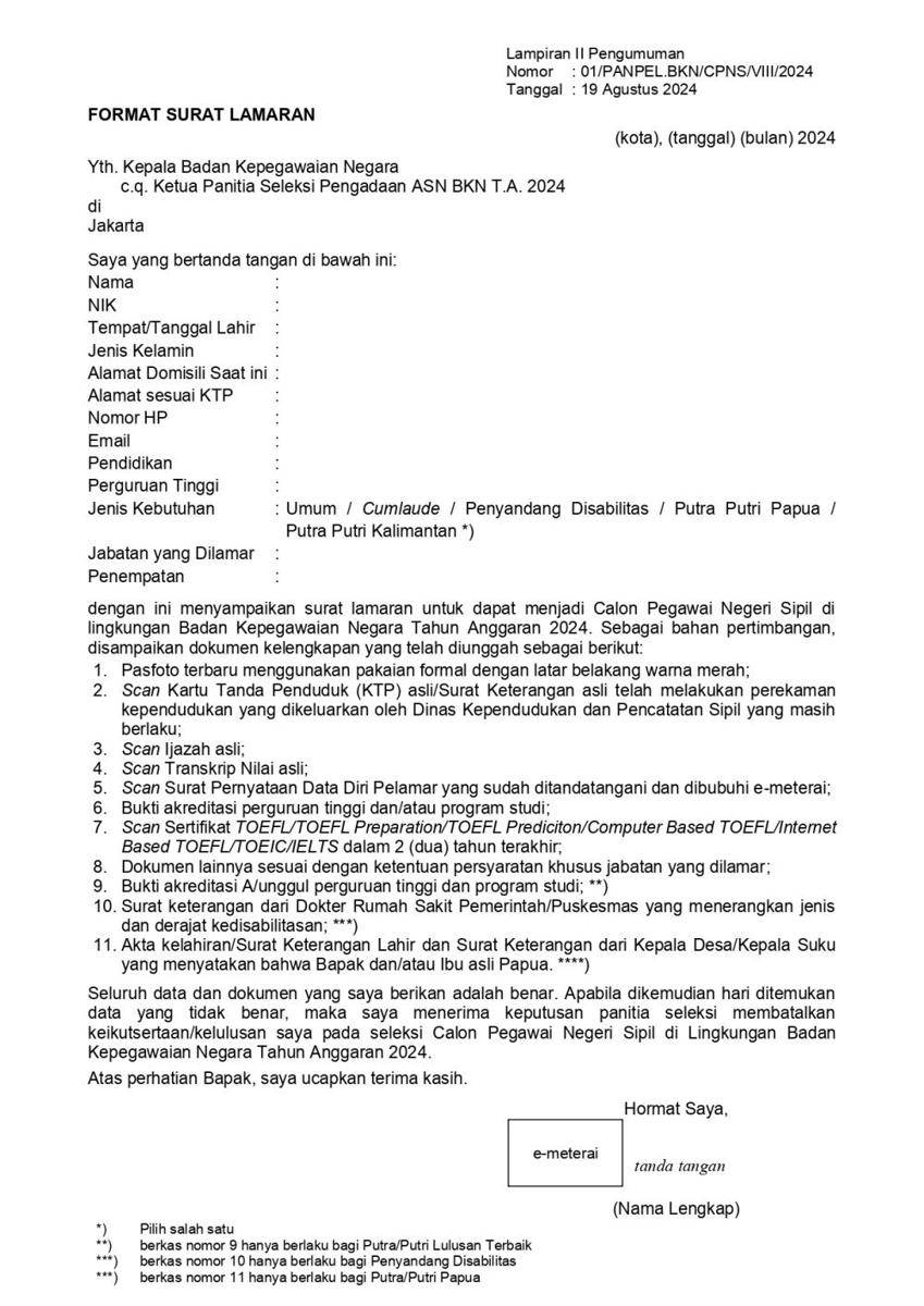 contoh surat lamaran CPNS 2024 (dok. BKN)