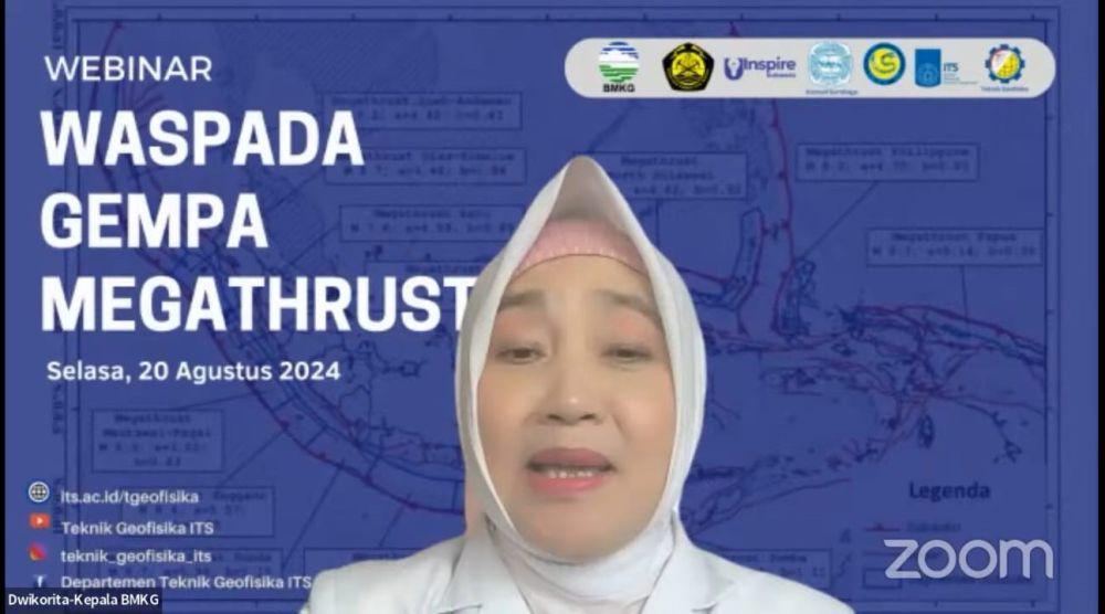 Dwikorita di webinar Waspada Gempa Megathrust yang diselenggarakan Departemen Geofisika ITS, Selasa (20-8-2024). (youtube.com/@TeknikGeofisikaITS)