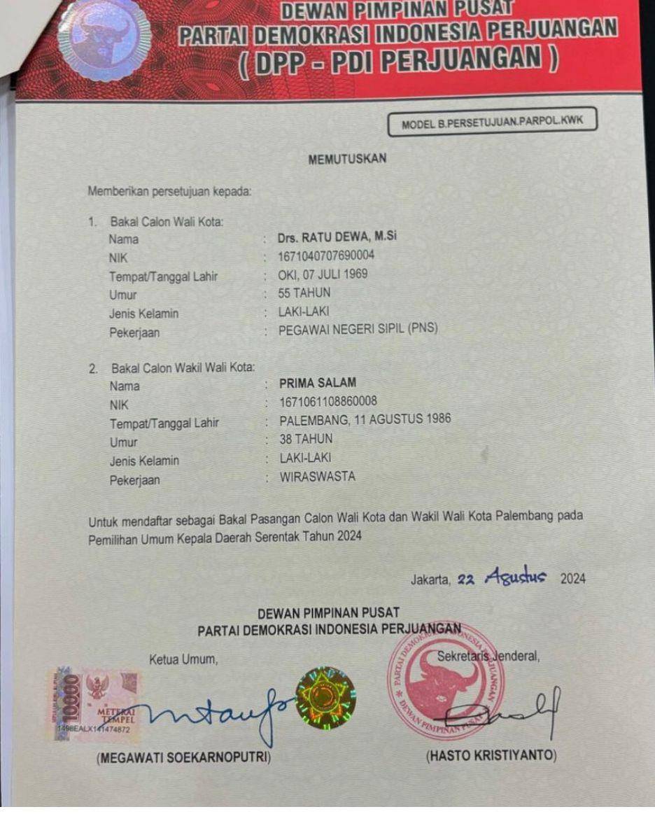 Surat dukungan dari PDIP untuk pasangan RDPS (Dok: istimewa)