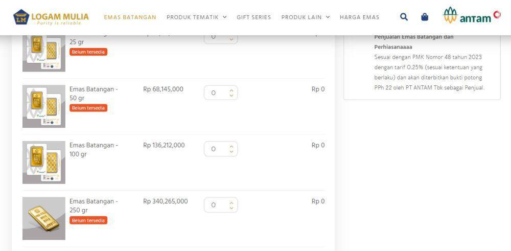 Tangkapan layar situs logammulia.com