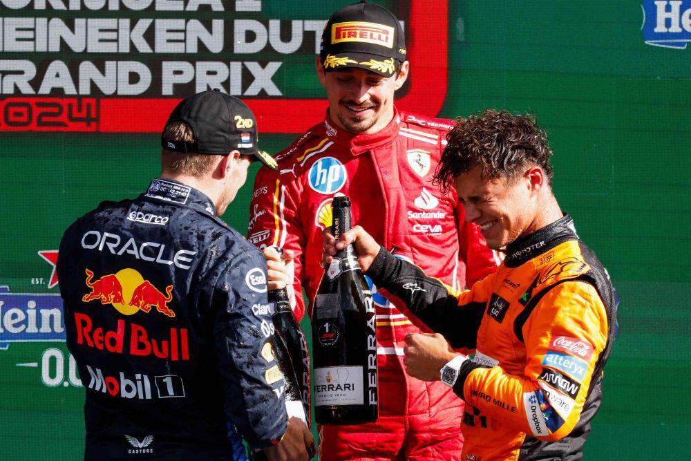 Max Verstappen, Charles Leclerc, dan Lando Norris di atas podium GP Belanda 2024. (x.com/F1)