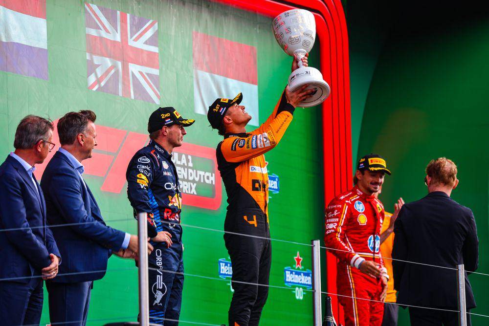 Max Verstappen, Lando Norris, dan Charles Leclerc di atas podium GP Belanda 2024. (x.com/F1)