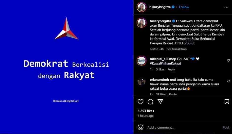 Unggahan Hillary Lasut terkait nasib sang ayah, Elly Lasut, dan Demokrat Sulawesi Utara di Pilgub Sulut 2024, Senin (26/8/2024). Instagram @hillarybrigitta
