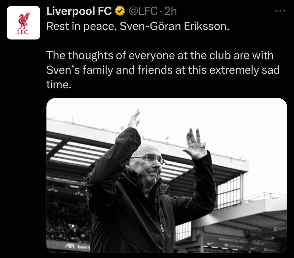 Ungkapan duka Liverpool atas wafatnya Sven-Goran Eriksson (X.com/LFC)