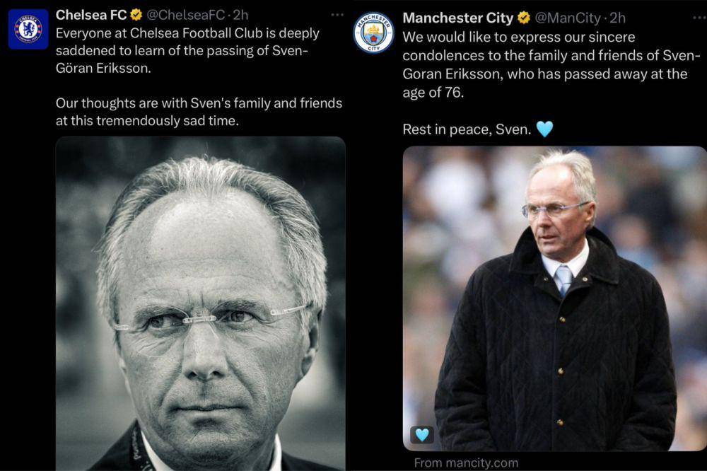 Ungkapan duka Chelsea dan Manchester City atas wafatnya Sven-Goran Eriksson (X.com/ChelseaFC/ManCity)