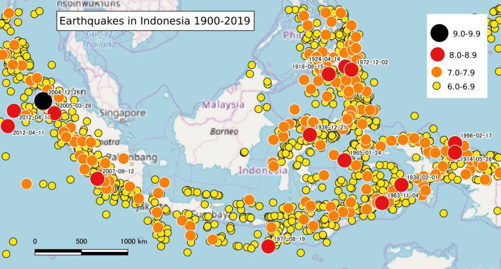 Peta gempa bumi di Indonesia 1900 - 2019 (https://id.wikipedia.org)