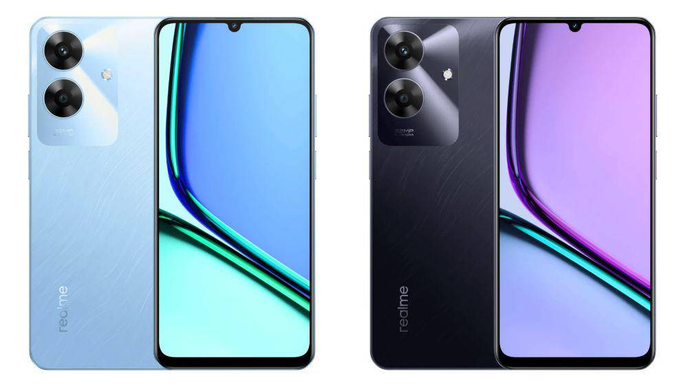 realme Note 60 warna voyage blue (kiri) dan marble black (kanan) (realme.com)