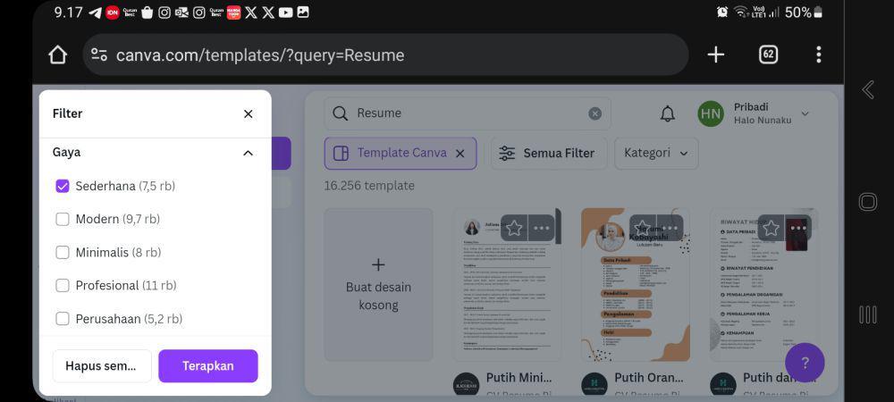 Memilih template resume di canva (Dok.pribadi)
