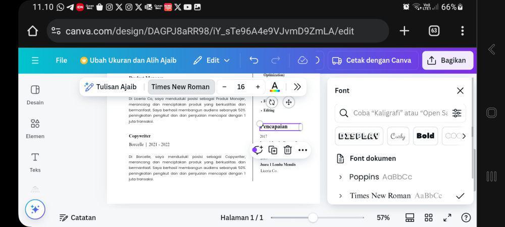 Memilih font pada canva (Dok.Pribadi)