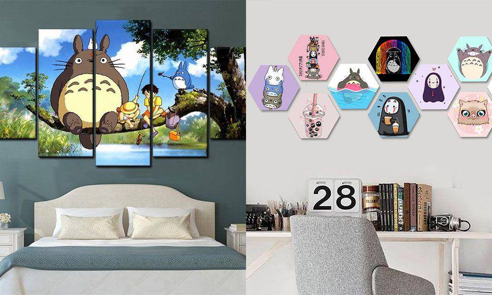 Ilustrasi dekorasi rumah tema Ghibli Totoro (kolase foto via Shopee @ AINUN14141 &@woodfactory)