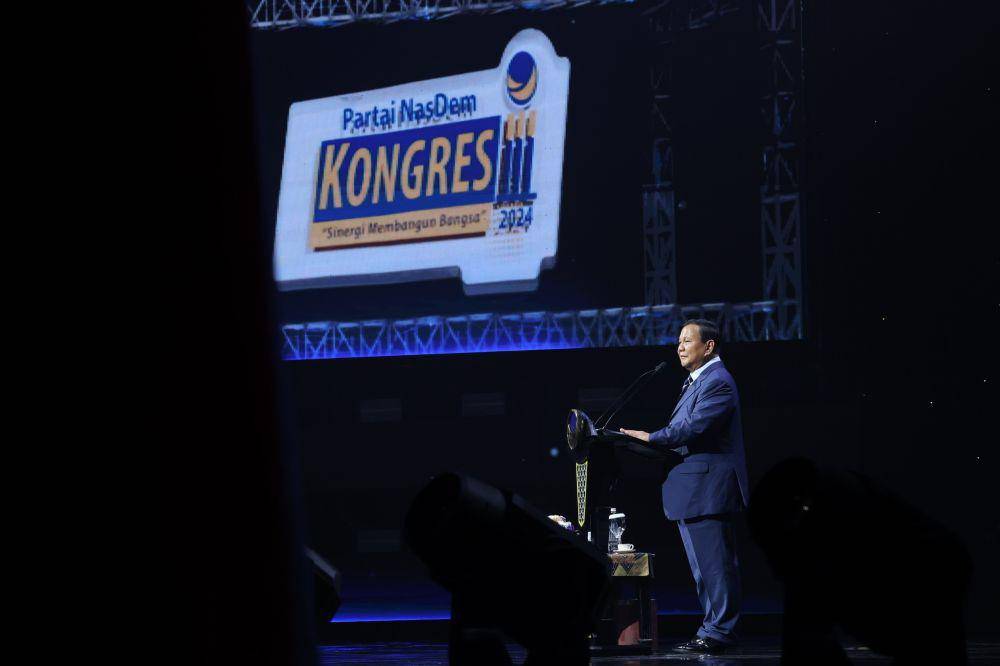 Prabowo Subianto saat menghadiri penutupan Kongres III NasDem di JCC Senayan, Jakarta, Selasa (27/08). (dok. Tim Komunikasi Prabowo)